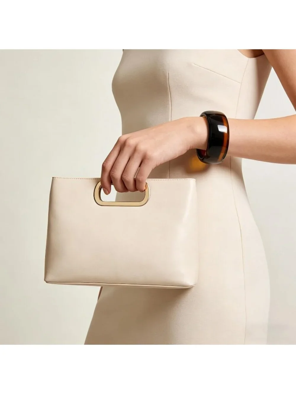 Women's Cream Clutch Handbag Modern Faux Leather with Metal Handle Evening Bag